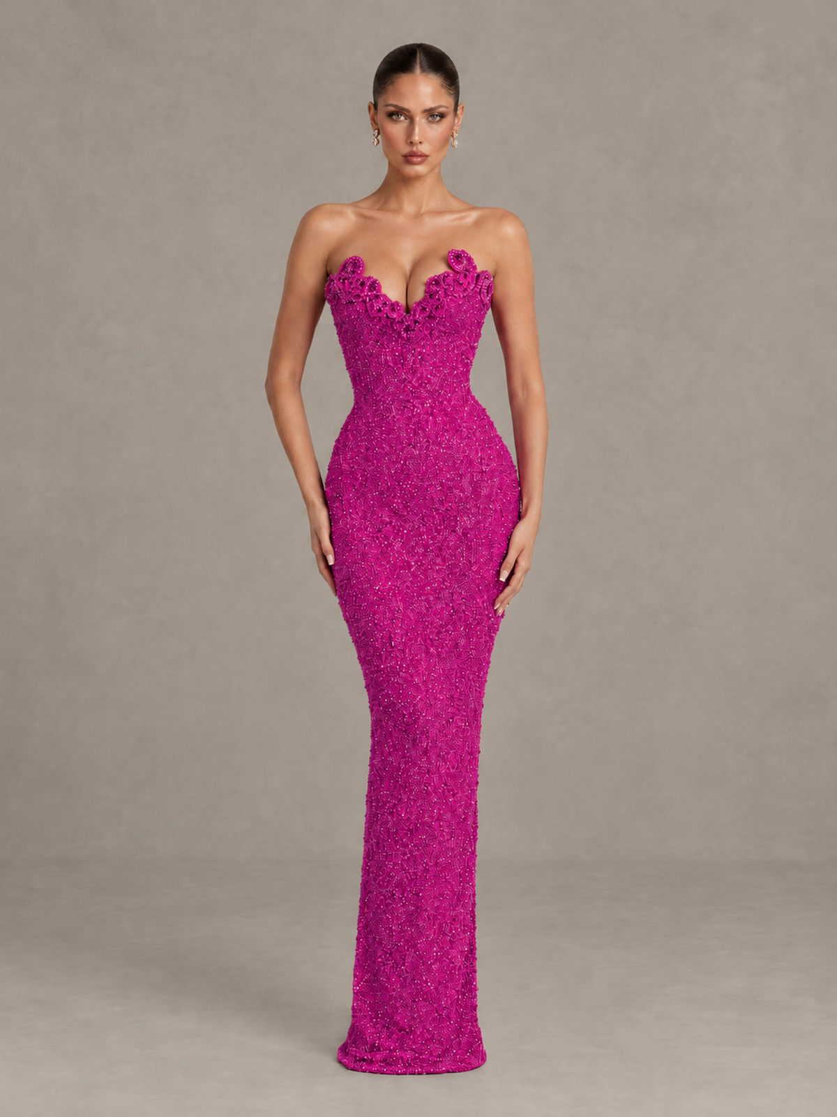 BOLODOO Hot Pink Strapless Sequin Evening Gown with Floral Neckline - Hot Pink - Hot Pink_1