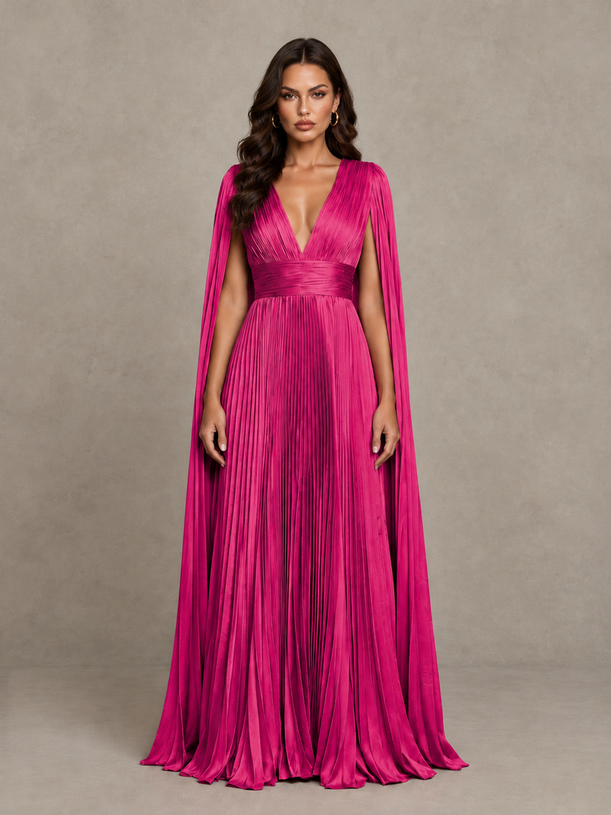BOLODOO Hot Pink Deep V-Neck Pleated Cape Sleeve Evening Gown - Hot Pink - Hot Pink_1