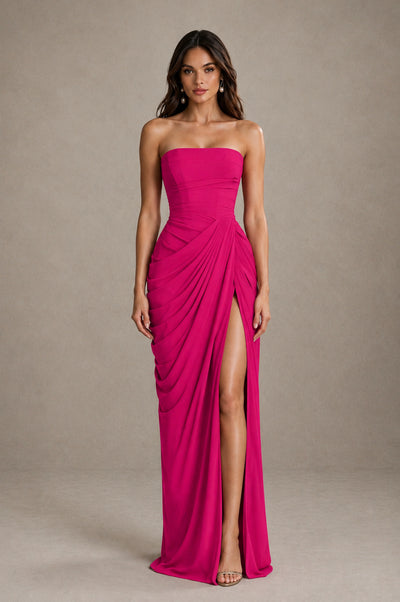 BOLODOO Strapless Draped Maxi Dress - Hot Pink Backless Evening Gown with High Slit - Hot Pink - Hot Pink_1