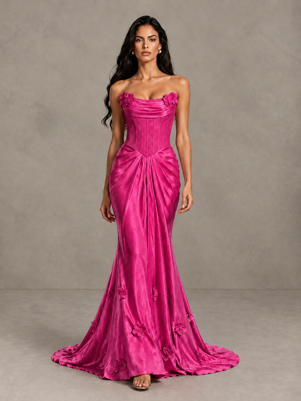 BOLODOO Hot Pink Strapless Floral Corset Evening Gown with Train - Hot Pink - Hot Pink_1