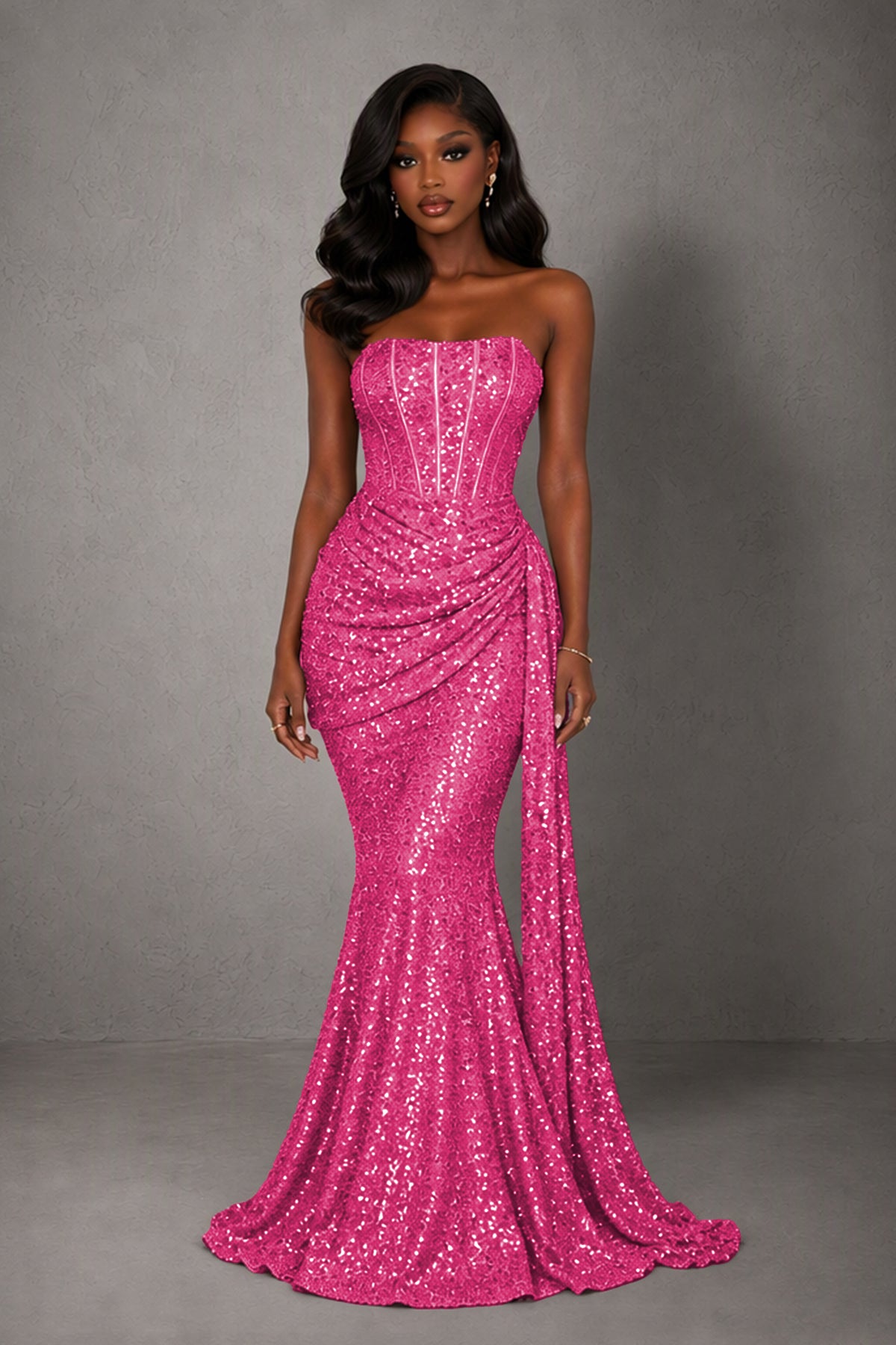 BOLODOO Hot Pink Sequin Strapless Corset Mermaid Evening Gown with Train - Hot Pink