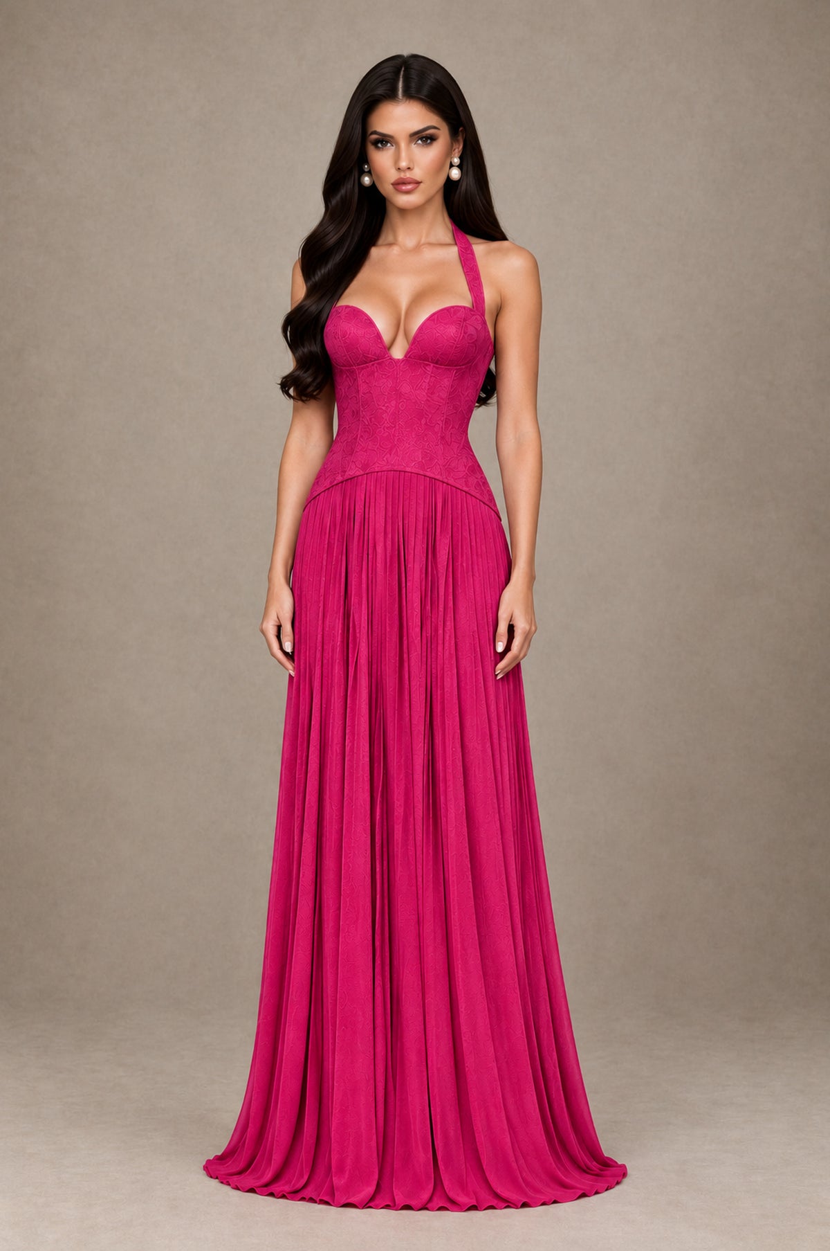BOLODOO Hot Pink Halter Corset Pleated A-Line Evening Dress - Hot Pink - Hot Pink_1