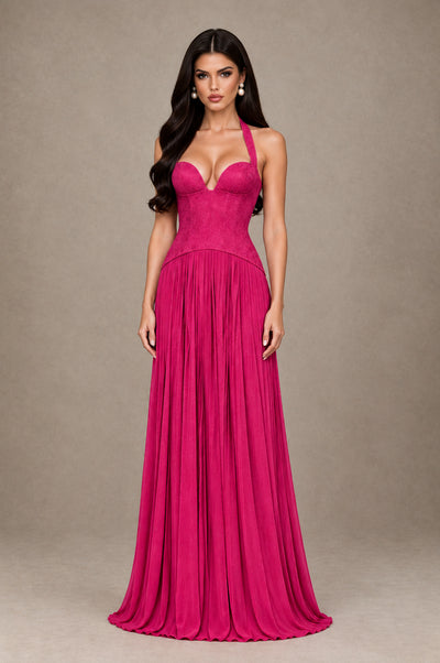 BOLODOO Hot Pink Halter Corset Pleated A-Line Evening Dress - Hot Pink - Hot Pink_1