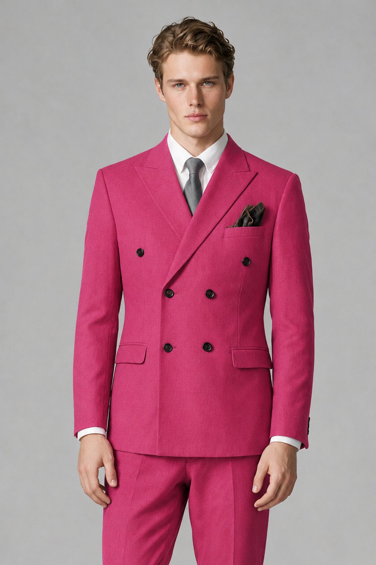 Bolodoo Men's Hot Pink Double-Breasted Two-Piece Suit with Peak Lapels - Hot Pink - Hot Pink_1
