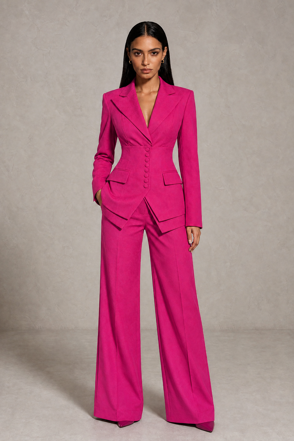 BOLODOO Hot Pink Cinched Waist Blazer and Wide Leg Pants Two Piece Suit Set - Hot Pink