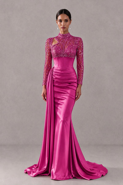 BOLODOO Hot Pink Long Sleeve Embellished Satin Mermaid Evening Gown - Hot Pink - Hot Pink_1