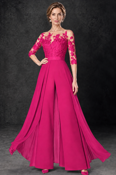 BOLODOO Hot Pink Lace Wide-Leg Jumpsuit with Three-Quarter Sleeves - Hot Pink - Hot_Pink_1