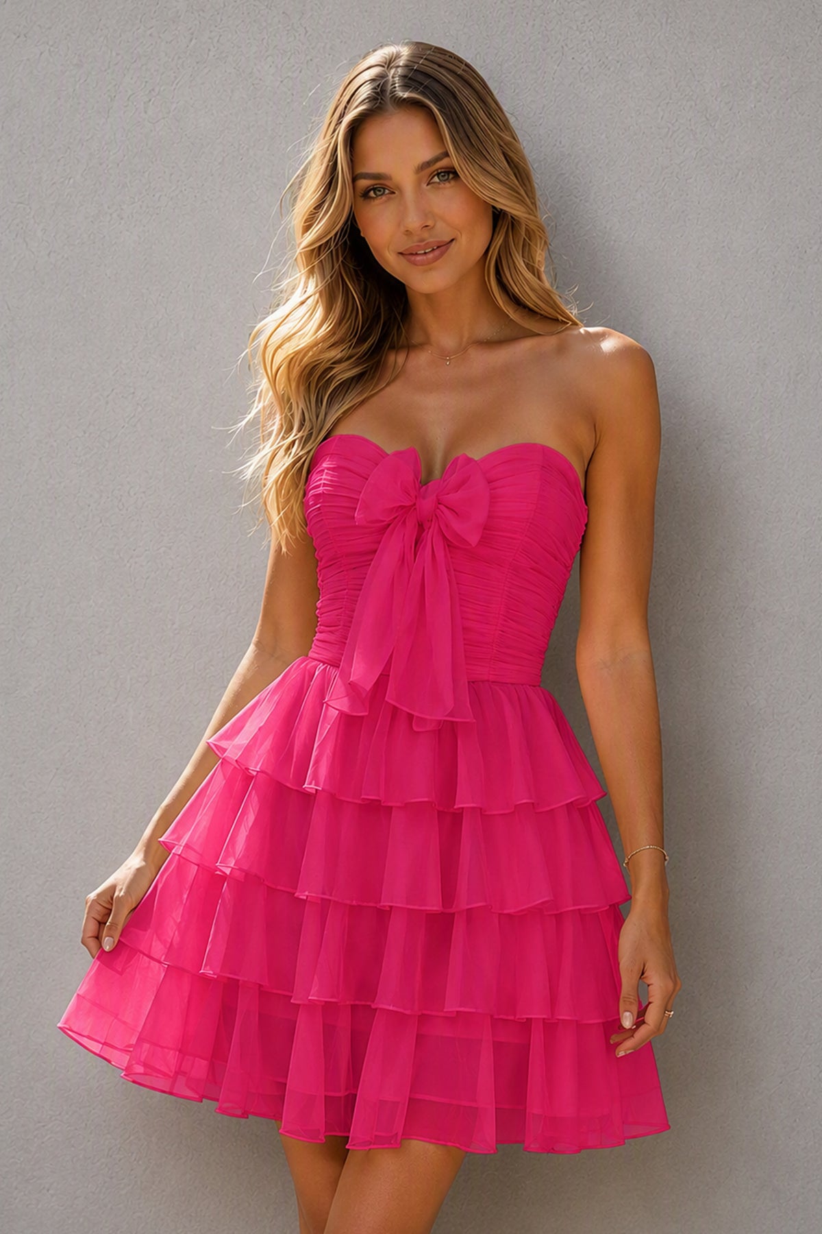 BOLODOO Hot Pink Organza Strapless Sweetheart Bow Tiered Ruffle Mini Dress | BD0560 - Hot Pink