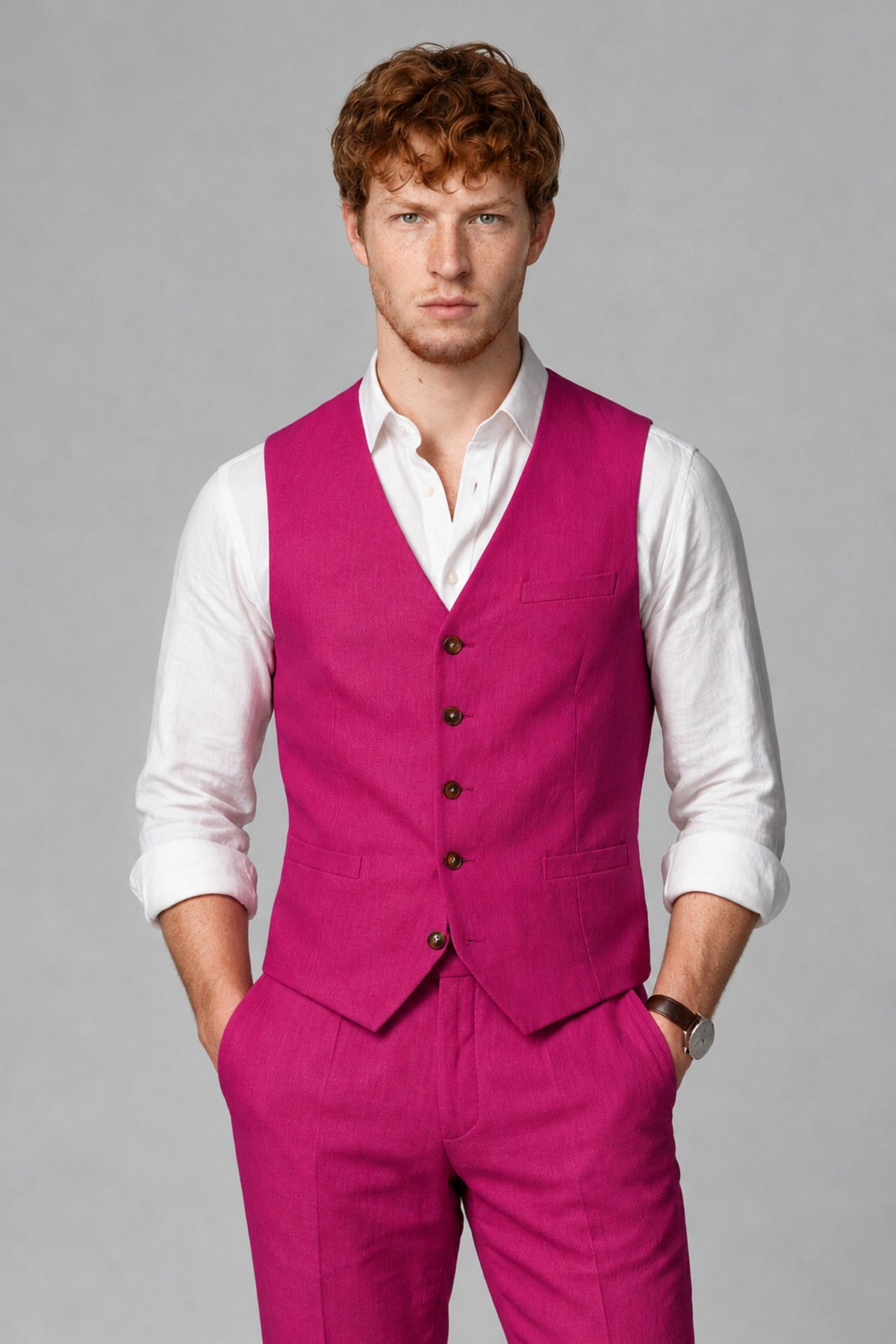 Bolodoo Men's Hot Pink 2-Piece Vest and Pants Set with V-Neck Waistcoat - Hot Pink - Hot Pink_1