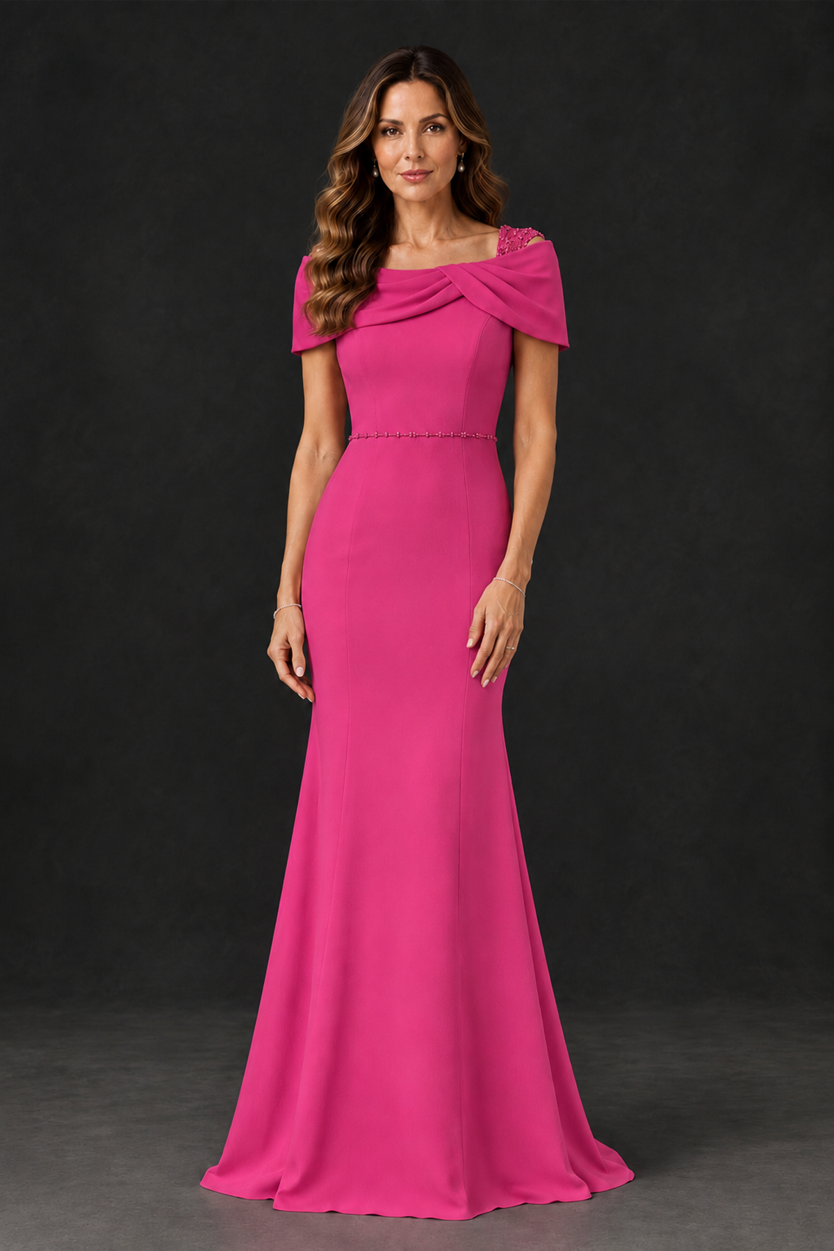 BOLODOO Hot Pink Mother of the Bride Dress with Draped Cape Detail - Hot Pink - Hot_Pink_1