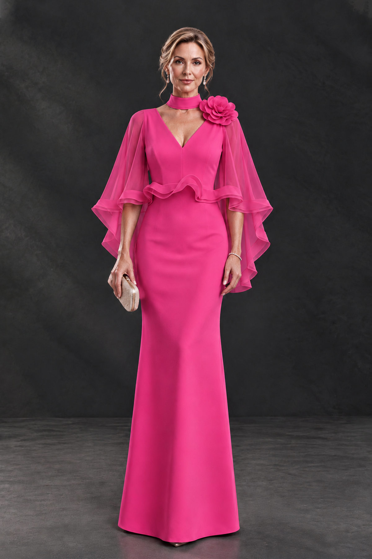 BOLODOO Hot Pink Floral Cape Sleeve Mother of the Bride Dress - Hot Pink - Hot_Pink_1