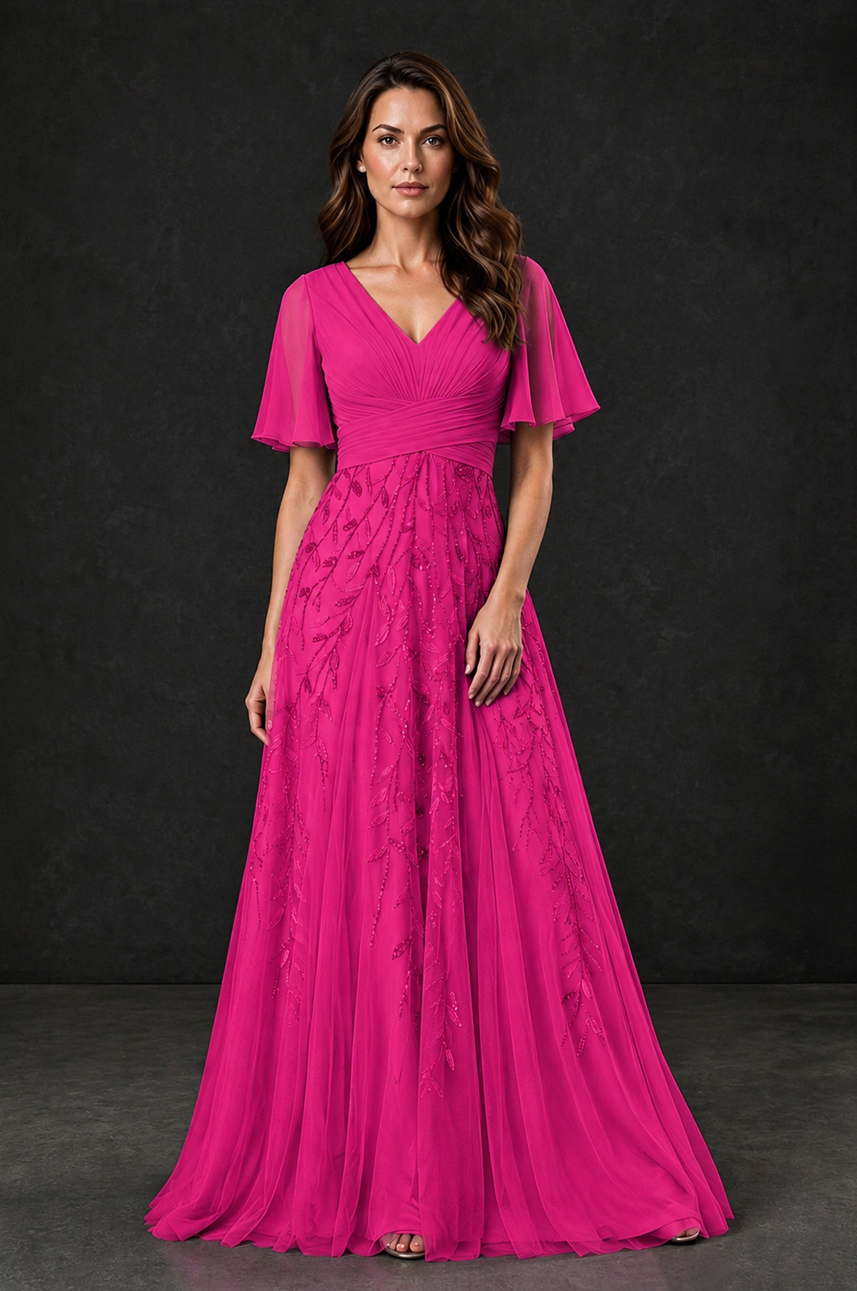 BOLODOO Hot Pink V-Neck Flutter Sleeve Beaded Botanical Tulle A-Line Gown | Mother of the Bride Evening Dress - Hot Pink - Hot Pink_1