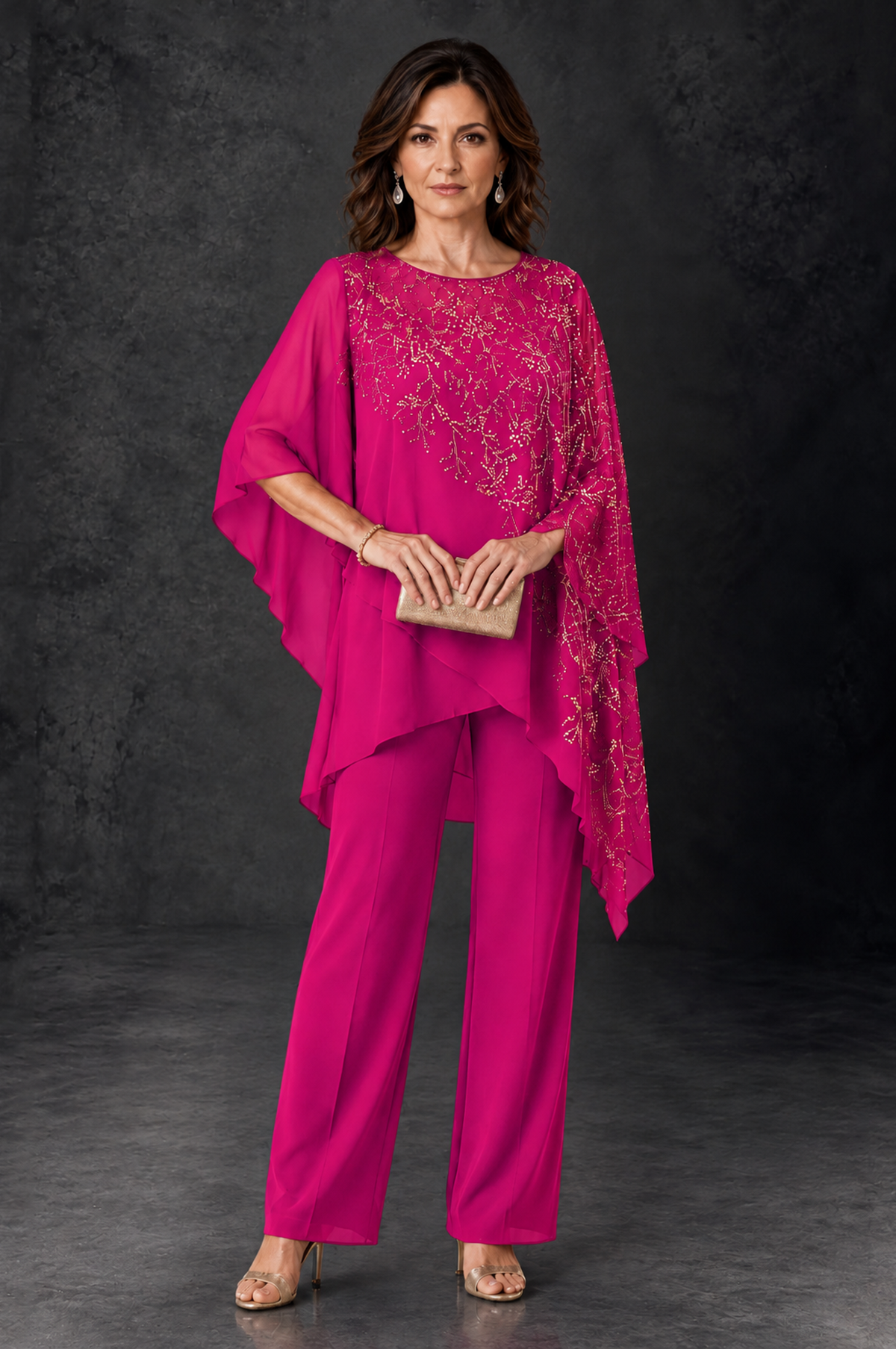 BOLODOO Hot Pink Embellished Cape Pant Suit for Mother of the Bride - Hot Pink - Hot_Pink_1