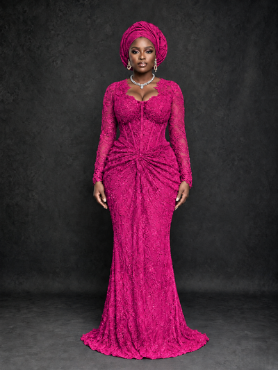 BOLODOO Hot Pink Beaded Lace Long Sleeve Mermaid Gown Sweetheart | Mother of the Bride - Hot Pink - Hot Pink_1
