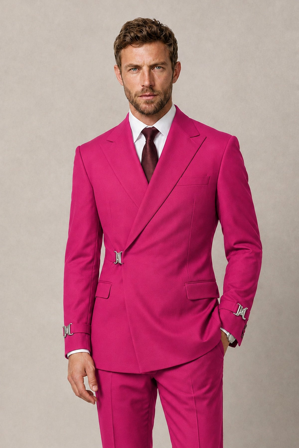 BOLODOO Men's Hot Pink Double-Breasted 2-Piece Suit Set – Blazer & Tailored Trousers - Hot Pink