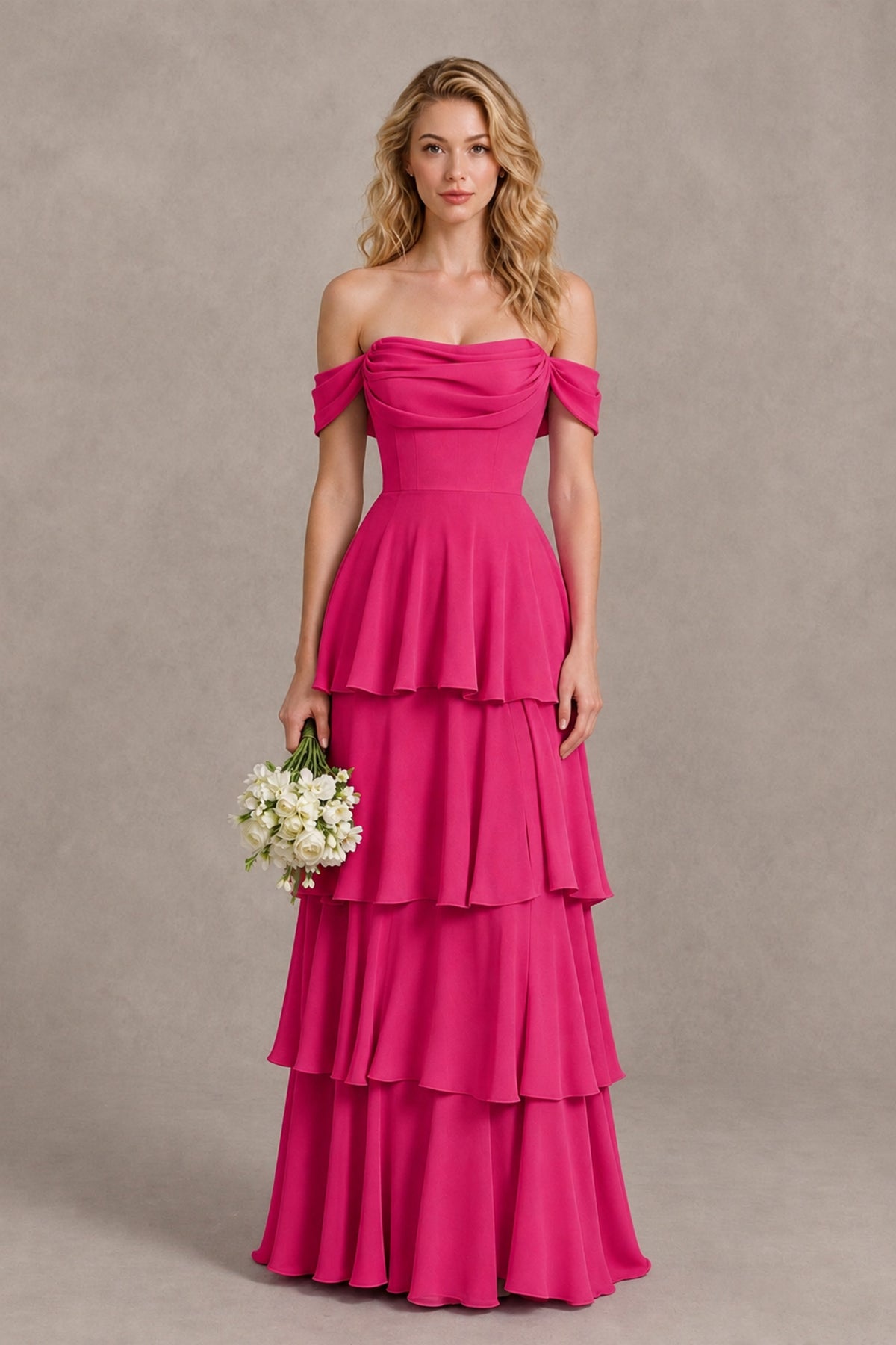 BOLODOO Hot Pink Off-the-Shoulder Tiered A-Line Evening Bridesmaid Dress - Hot Pink - Hot Pink_1