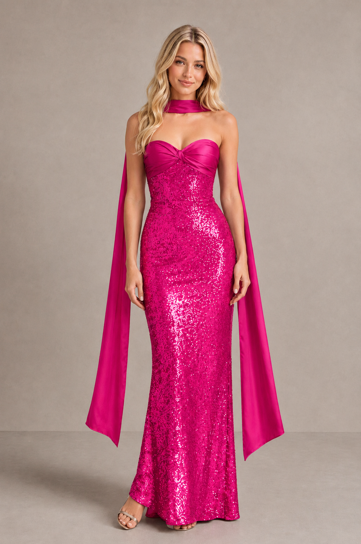 BOLODOO Hot Pink Strapless Sweetheart Evening Dress with Scarf - Hot Pink - Hot_Pink_1