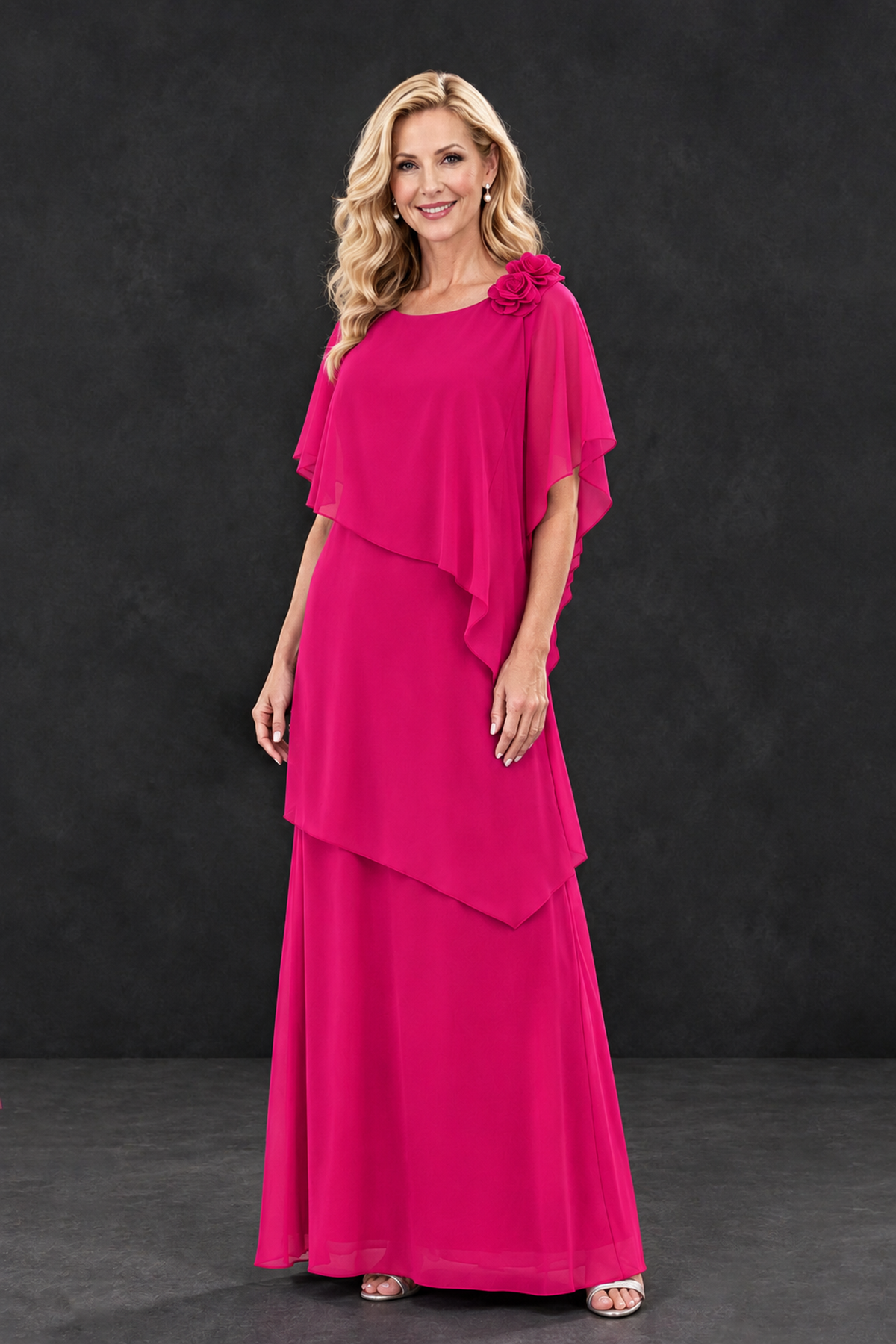 BOLODOO Hot Pink Tiered Flutter Sleeve Mother of the Bride Maxi Dress - Hot Pink - Hot Pink_1
