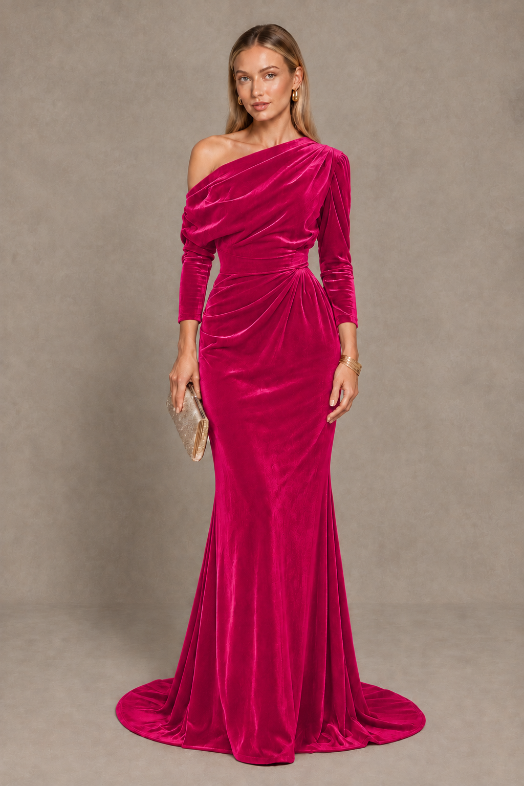BOLODOO Hot Pink Velvet Asymmetric Neck Mermaid Evening Dress - Hot Pink - Hot Pink_1