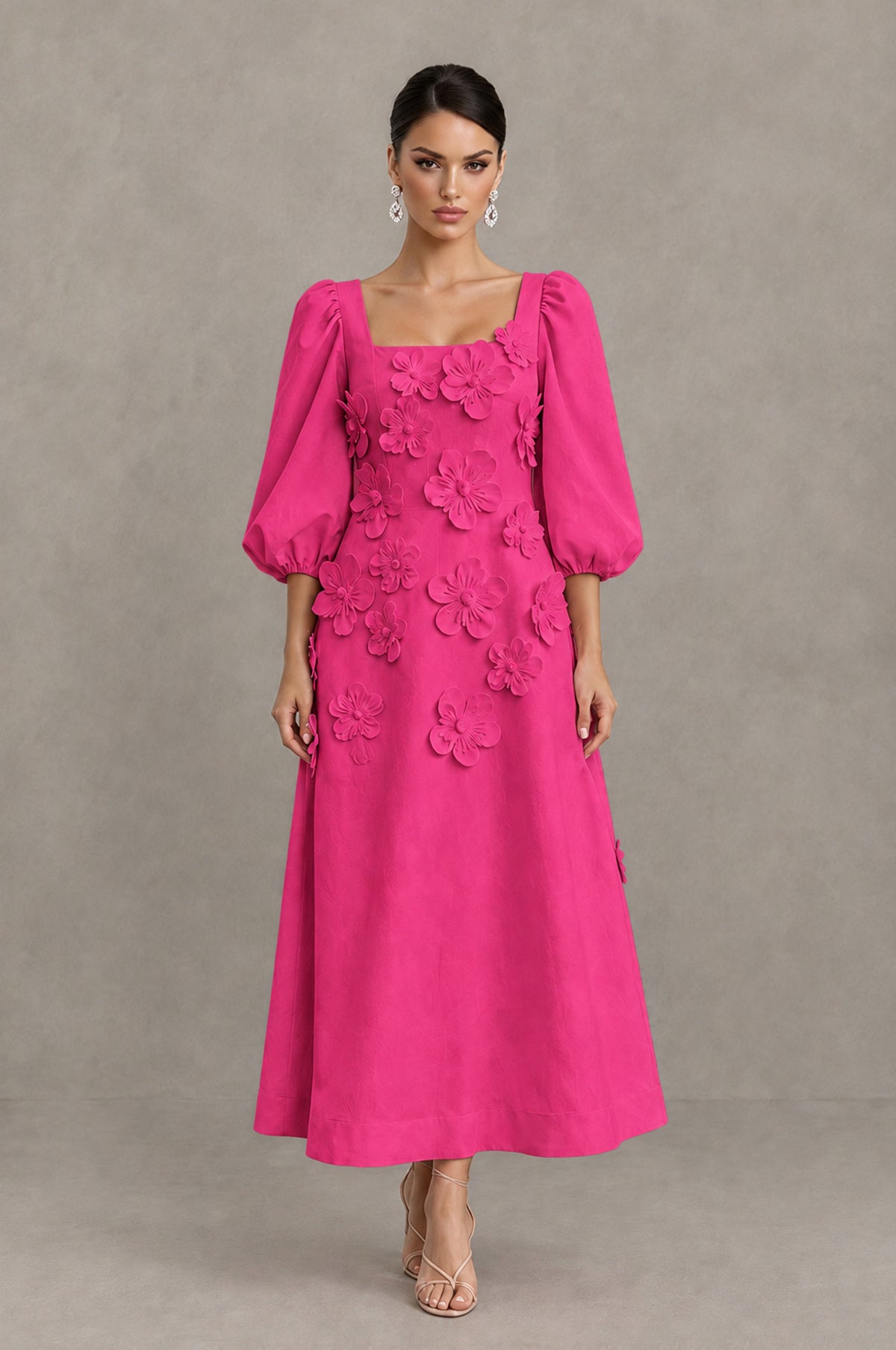 BOLODOO Hot Pink 3D Floral Puff Sleeve Midi Cocktail Dress - Hot Pink - Hot Pink_1
