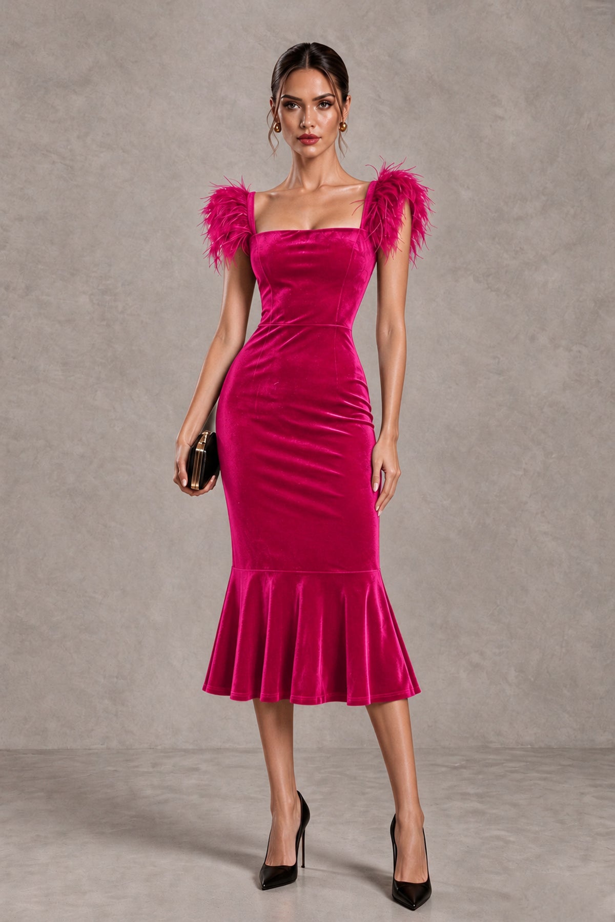 BOLODOO Hot Pink Feather-Trim Velvet-Look Mermaid Midi Dress - Hot Pink - Hot Pink_1