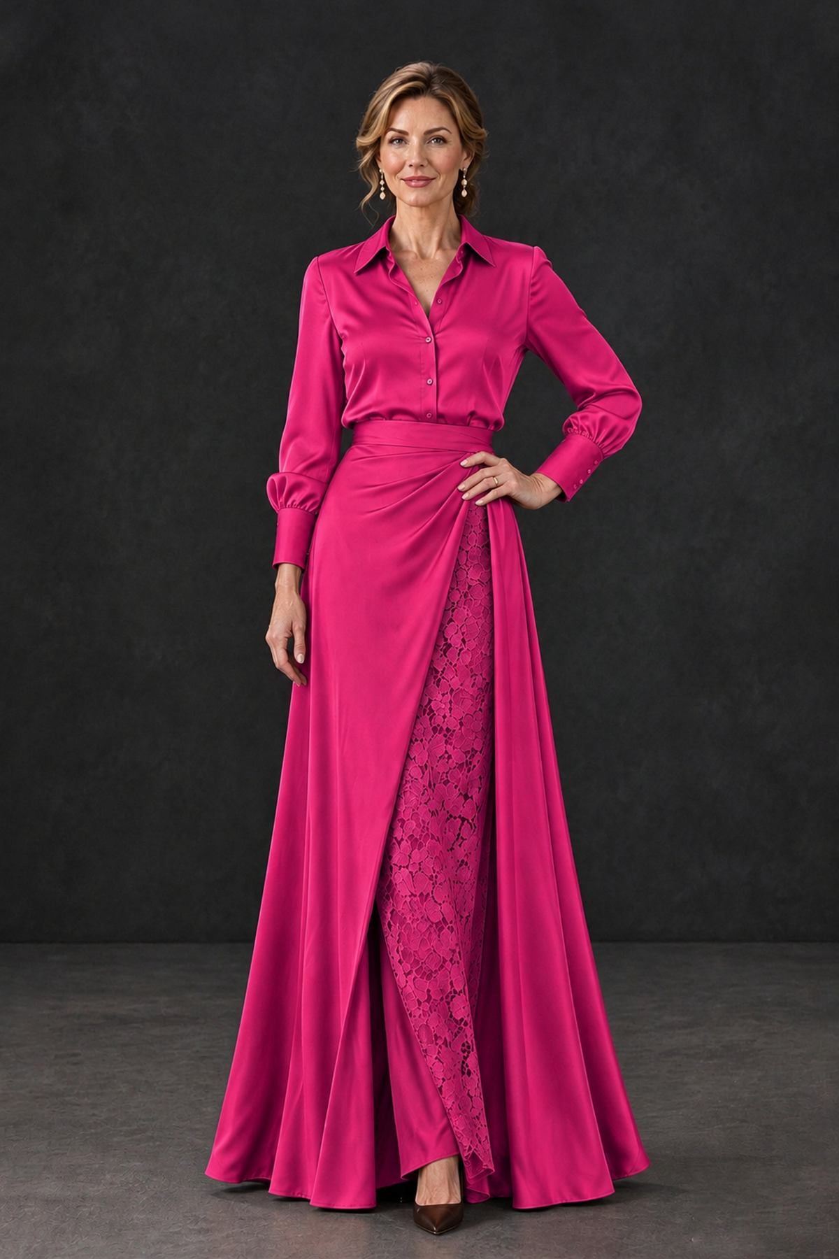 BOLODOO Hot Pink Long Sleeve Satin-Look Lace Panel Gown - Hot Pink - Hot Pink_1