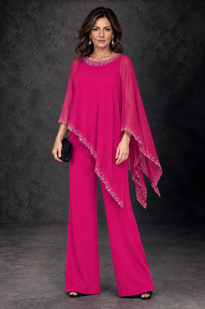 BOLODOO Hot Pink Embellished Cape Mother of the Bride Pantsuit - Hot Pink - Hot_Pink_1