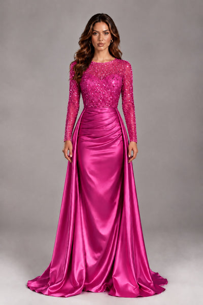 BOLODOO Hot Pink Long Sleeve Embellished Satin Evening Gown with Sweep Train - Hot Pink - Hot Pink_1