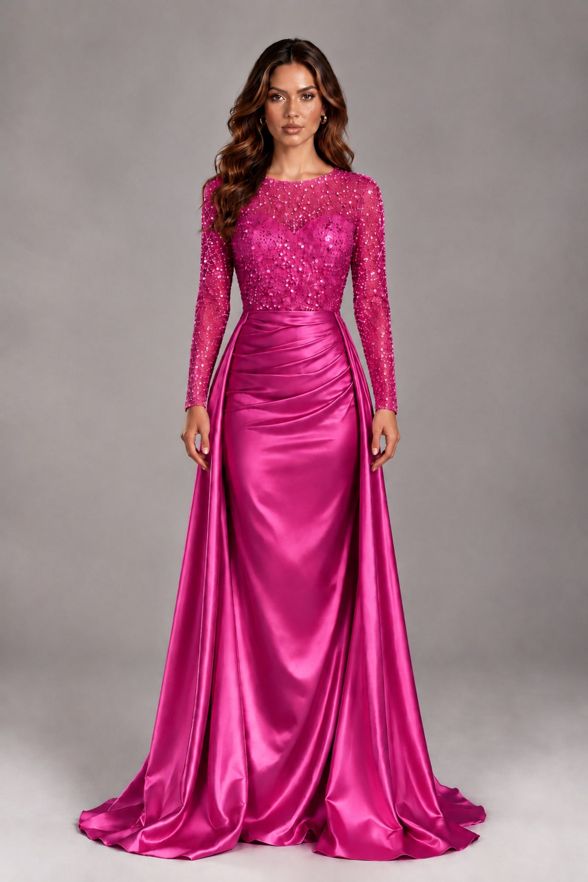 BOLODOO Hot Pink Long Sleeve Embellished Satin Evening Gown with Sweep Train - Hot Pink - Hot Pink_1