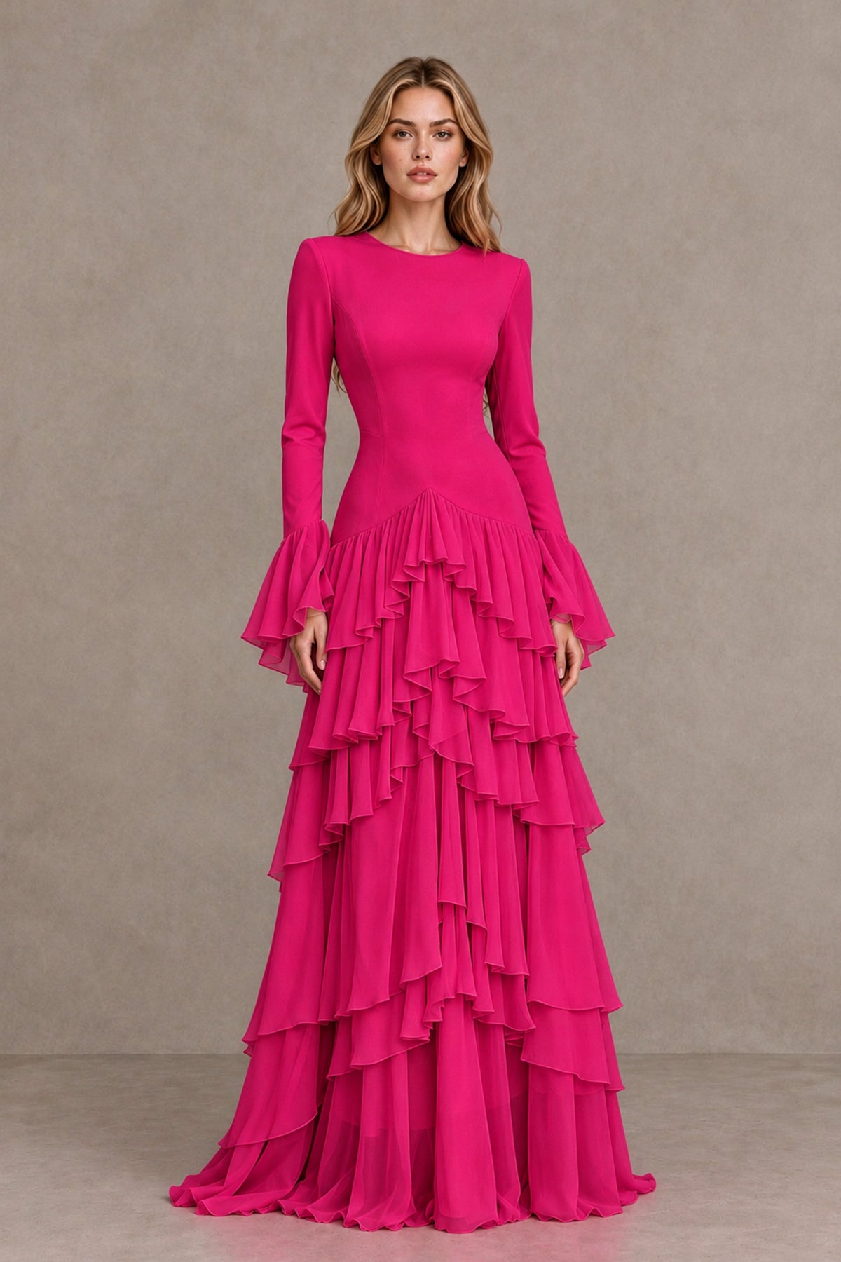 Hot Pink Long Sleeve Tiered Ruffle Evening Gown - Hot Pink - Hot Pink_1