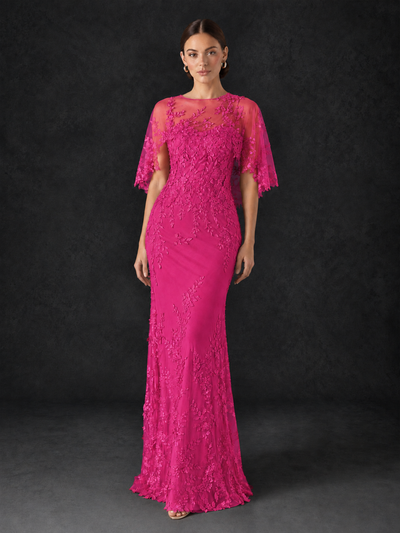 BOLODOO Hot Pink Botanical Lace Flutter Sleeve Mermaid Gown - Hot Pink - Hot_Pink_1