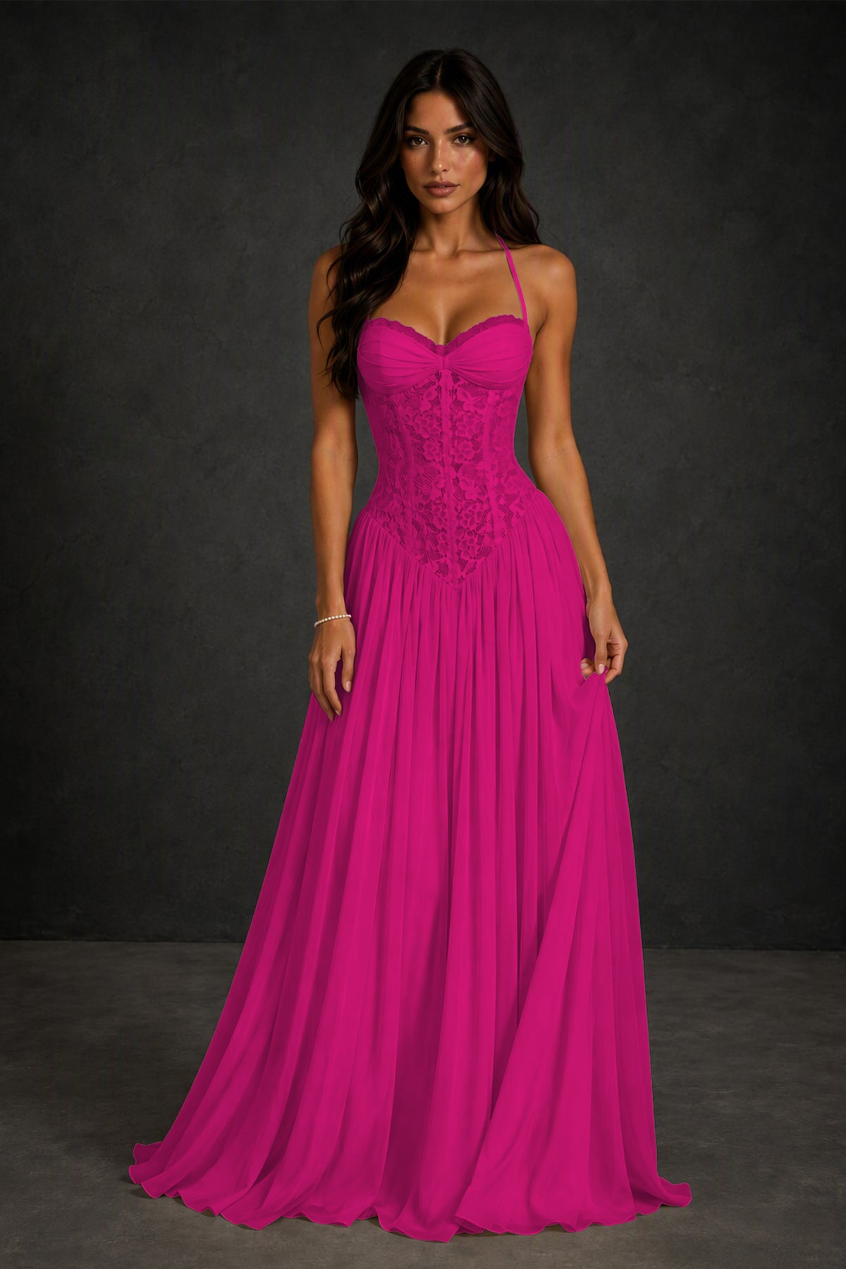 BOLODOO Hot Pink Lace Corset Halter Maxi Gown – Backless A-Line Formal Dress - Hot Pink