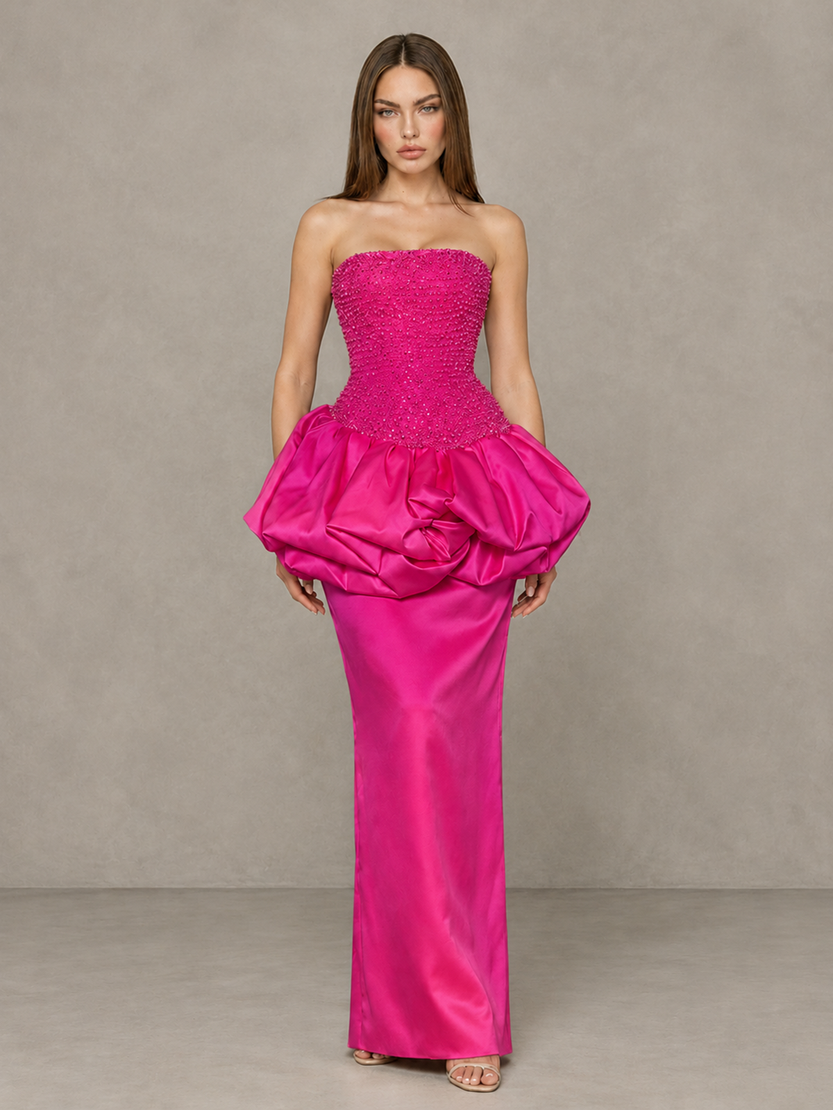 BOLODOO Hot Pink Strapless Embellished Bubble Peplum Evening Dress - Hot Pink - Hot Pink_1