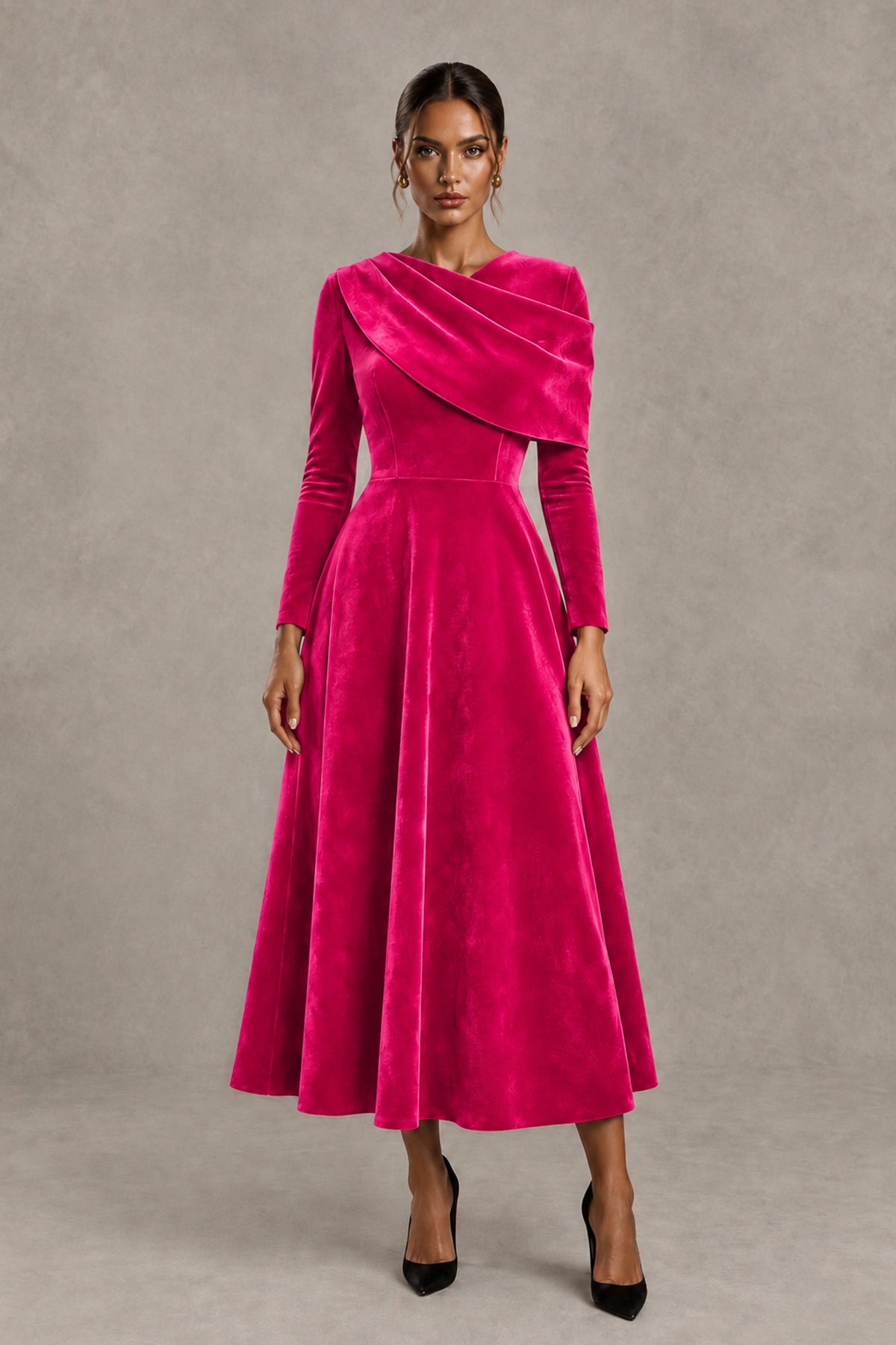 BOLODOO Hot Pink Velvet-Look Long Sleeve Tea-Length A-Line Dress with Draped Neckline - Hot Pink - Hot Pink_1