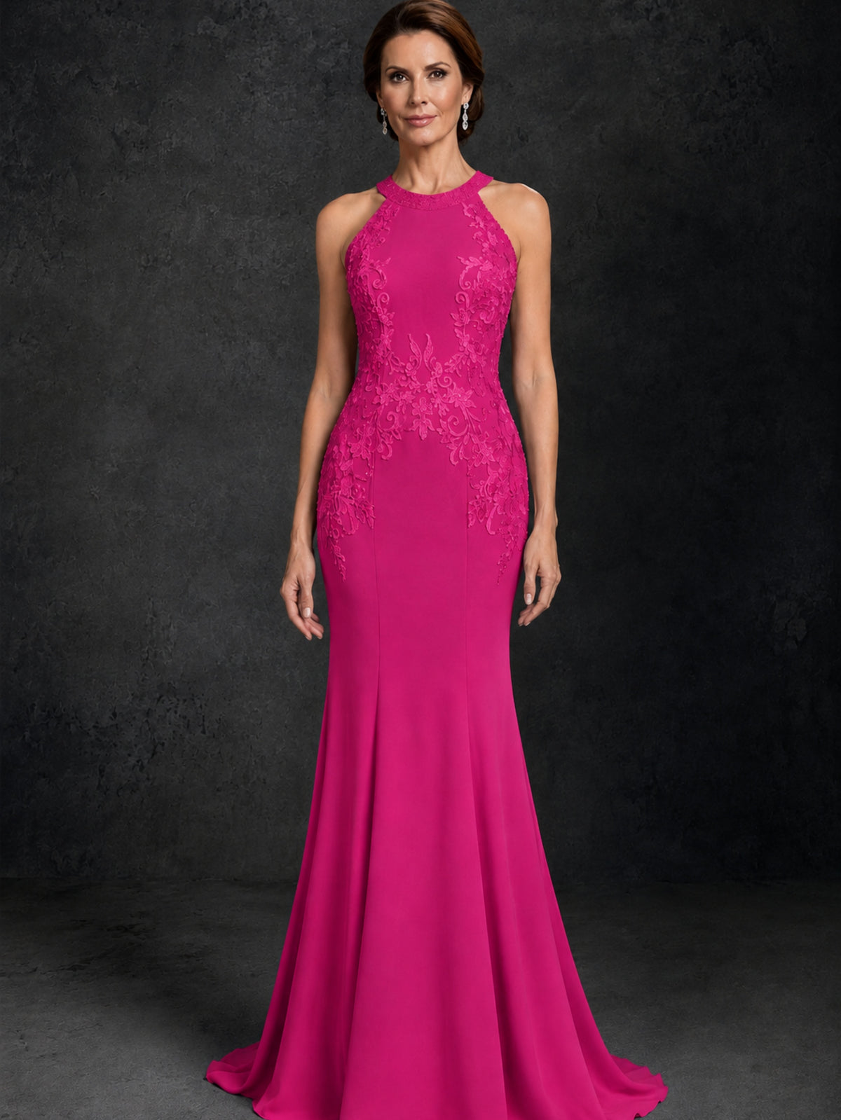 BOLODOO Hot Pink Lace Applique Halter Neck Sheer Back Mermaid Maxi Dress with Sweep Train - Hot Pink