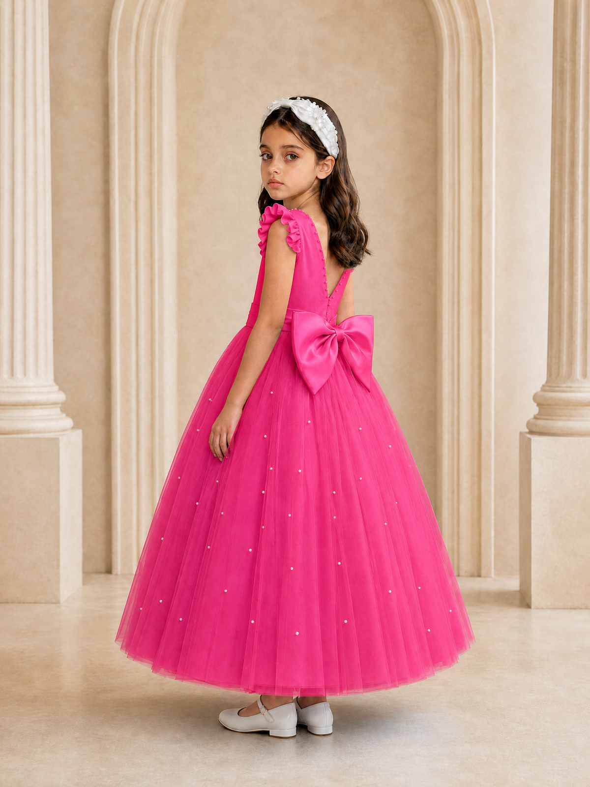 BOLODOO Hot Pink Tulle Flower Girl Dress with Ruffle Sleeves & Bow Back - Hot Pink - Hot_Pink_1