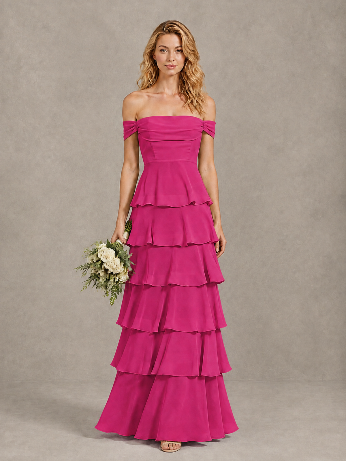 BOLODOO Hot Pink Off-Shoulder Tiered Ruffle Bridesmaid Dress with Lace-Up Back - Hot Pink - Hot Pink_1