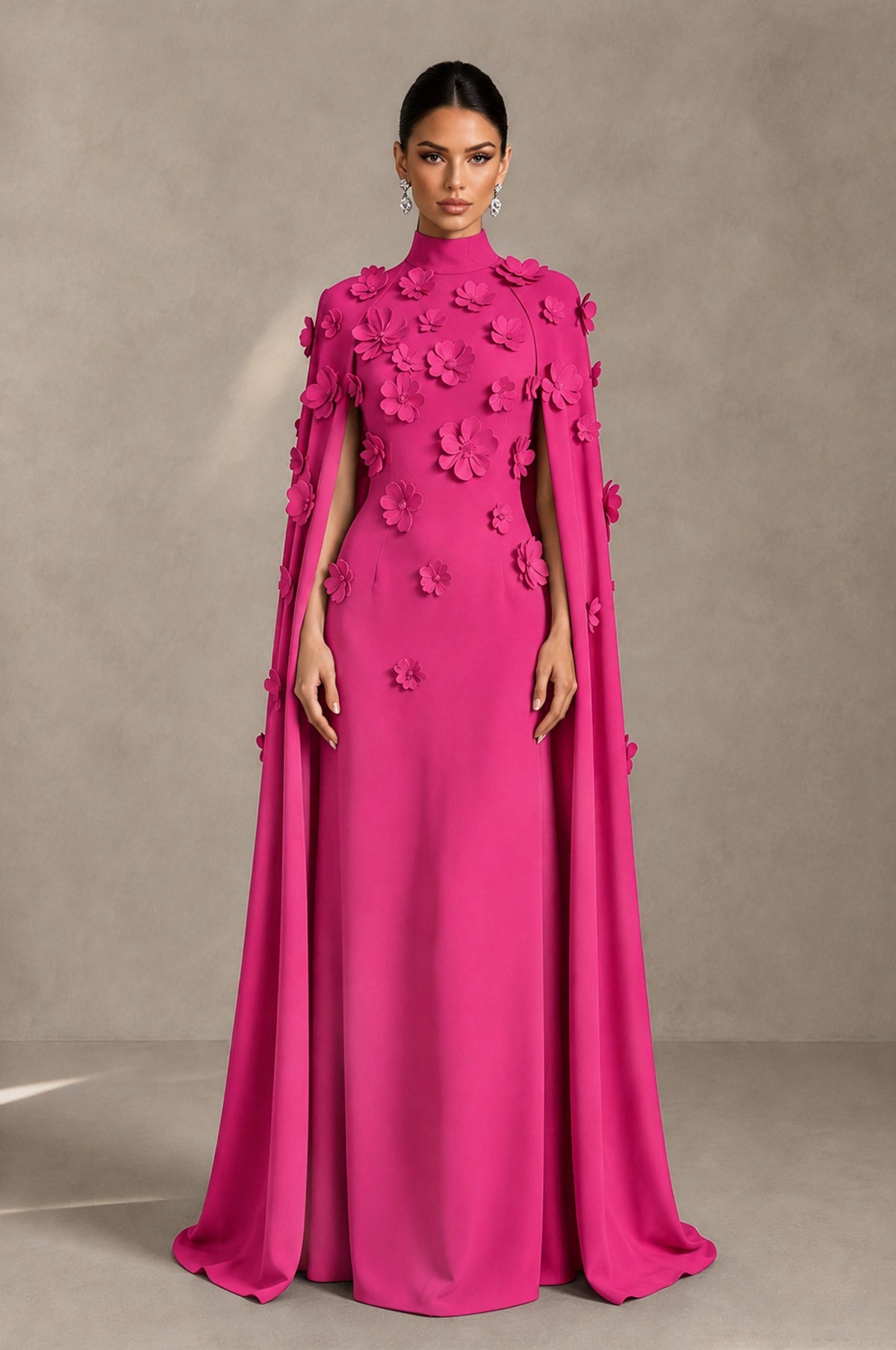 BOLODOO Hot Pink 3D Floral Applique Cape Formal Dress - Hot Pink - Hot Pink_1