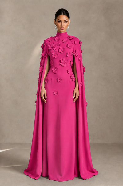 BOLODOO Hot Pink 3D Floral Applique Cape Formal Dress - Hot Pink - Hot Pink_1