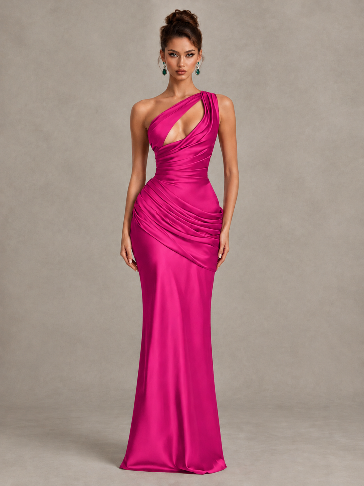 BOLODOO Hot Pink One-Shoulder Cutout Satin Mermaid Prom Dress - Hot Pink - Hot Pink_1