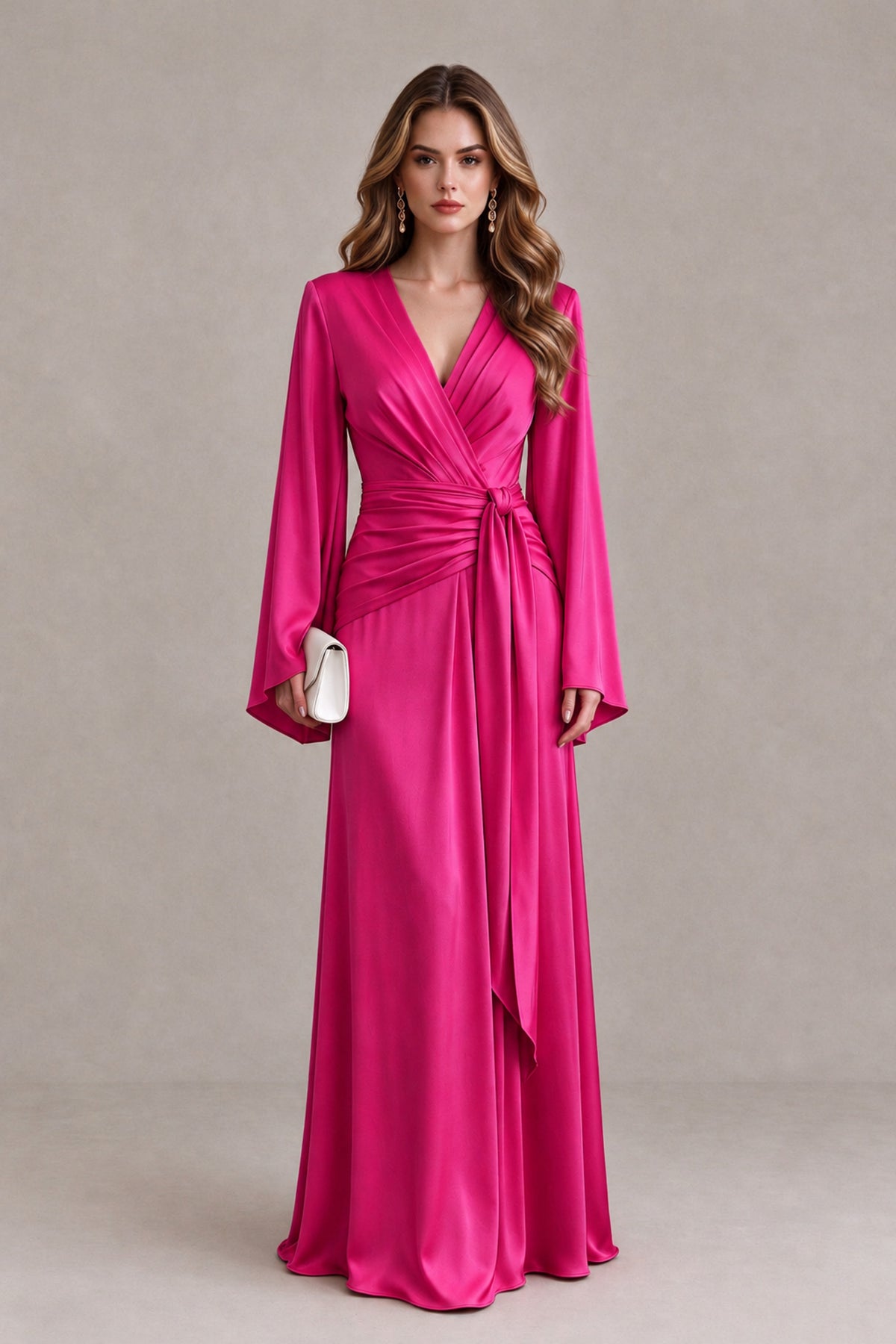 BOLODOO Hot Pink Yellow Satin-Look V-Neck Long Bell Sleeve Evening Dress - Hot Pink - Hot_Pink_1