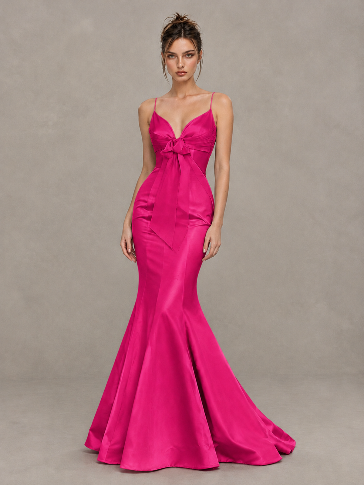 BOLODOO Hot Pink Satin-Look Mermaid Prom Dress with Bow - Hot Pink - Hot Pink_1