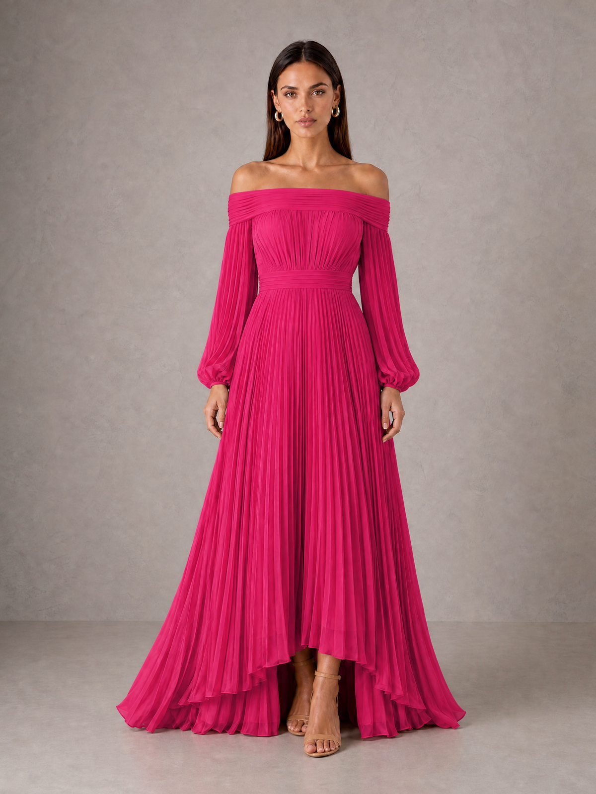 BOLODOO Hot Pink Off-Shoulder Long Sleeve Pleated High-Low Dress - Hot Pink - Hot_Pink_1