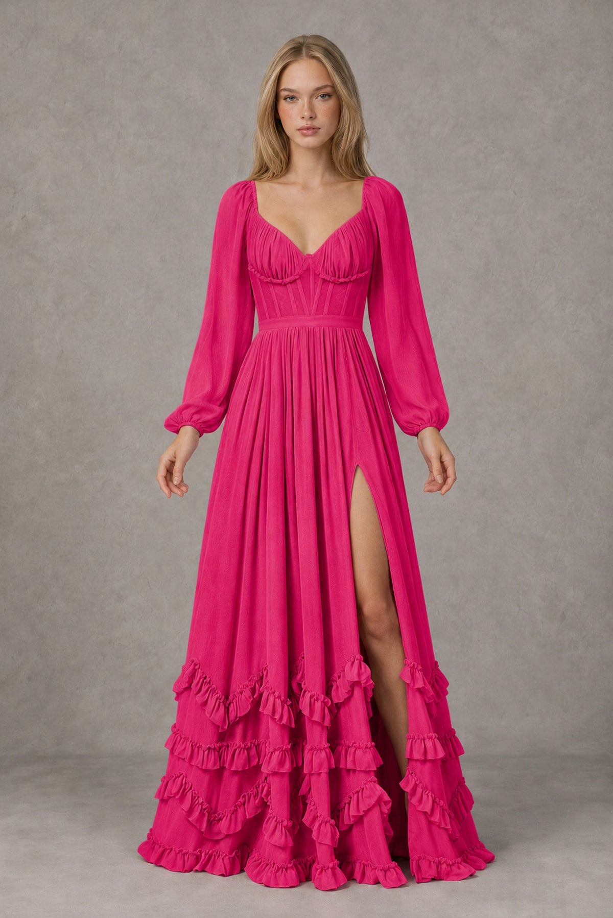 Hot Pink Long-Sleeve Ruffle Maxi Dress with Lace-Up Back and Slit - Hot Pink