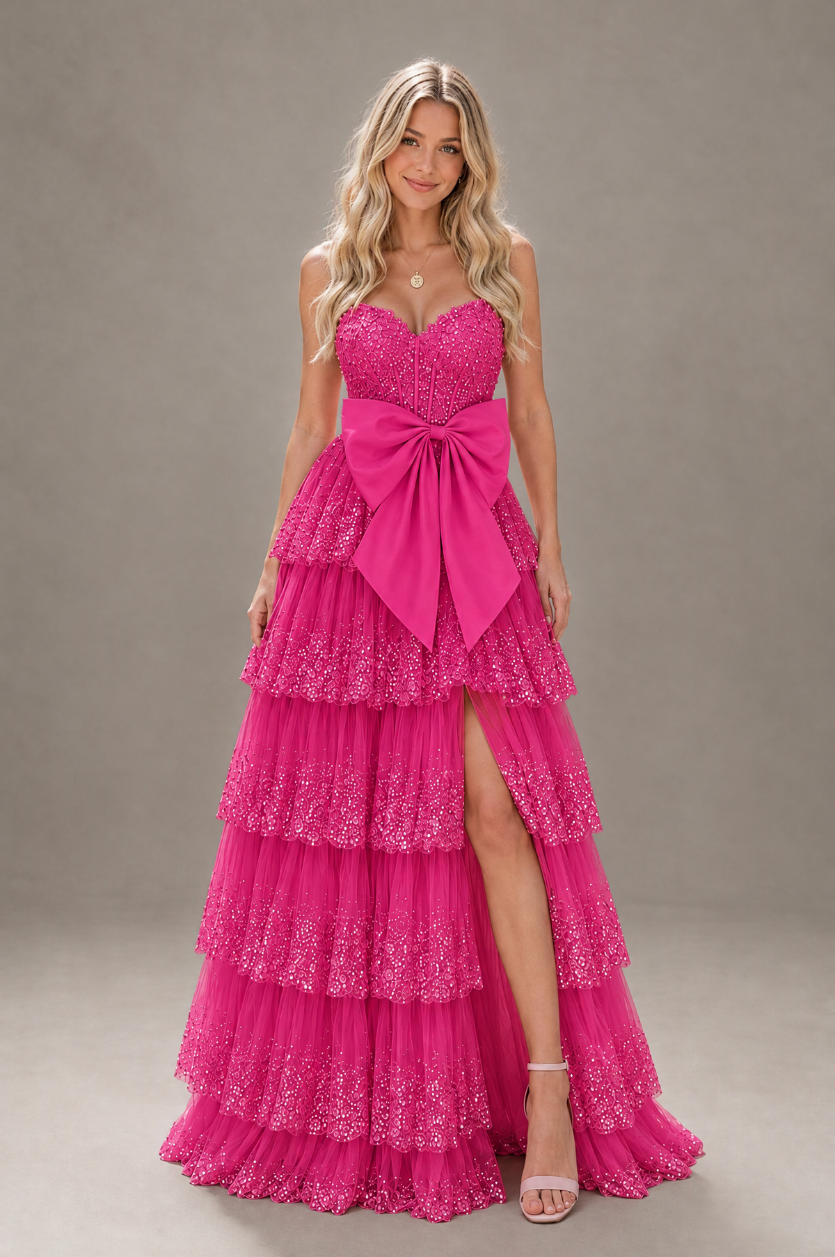 BOLODOO Hot Pink Strapless Tiered Tulle Prom Dress with Bow - Hot Pink - Hot_Pink_1