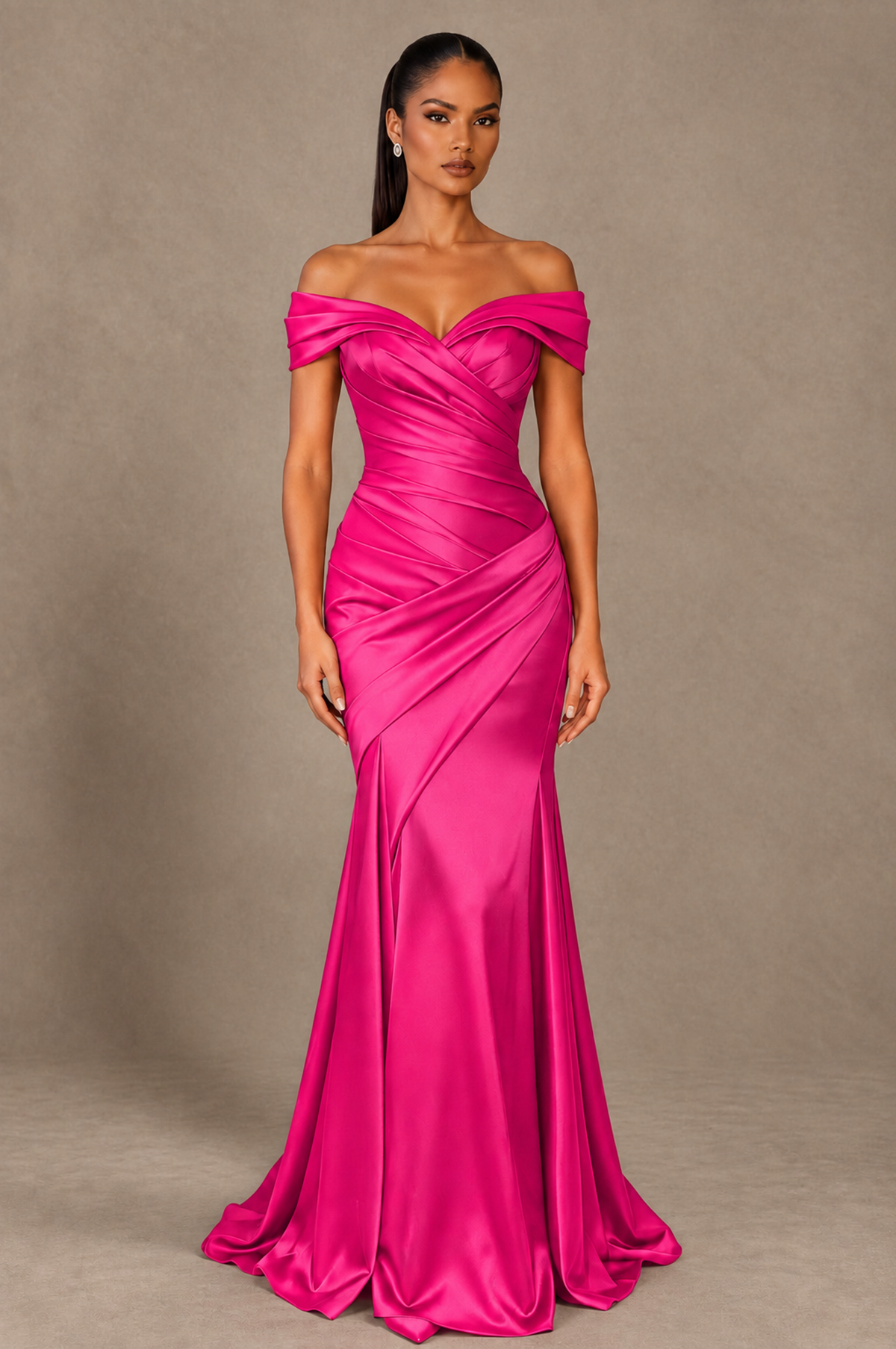 BOLODOO Hot Pink Off-the-Shoulder Ruched Satin Mermaid Evening Dress - Hot Pink - Hot_Pink_1
