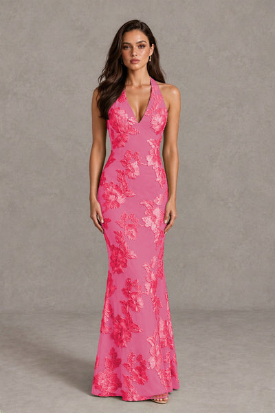 BOLODOO Hot Pink Floral Jacquard Halter Maxi Dress - Hot Pink - Hot Pink(1)