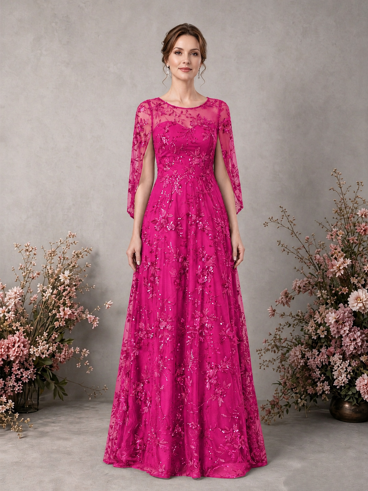 BOLODOO Hot Pink Sequin Lace Cape Sleeve Formal Evening Gown - Hot Pink - Hot Pink_1