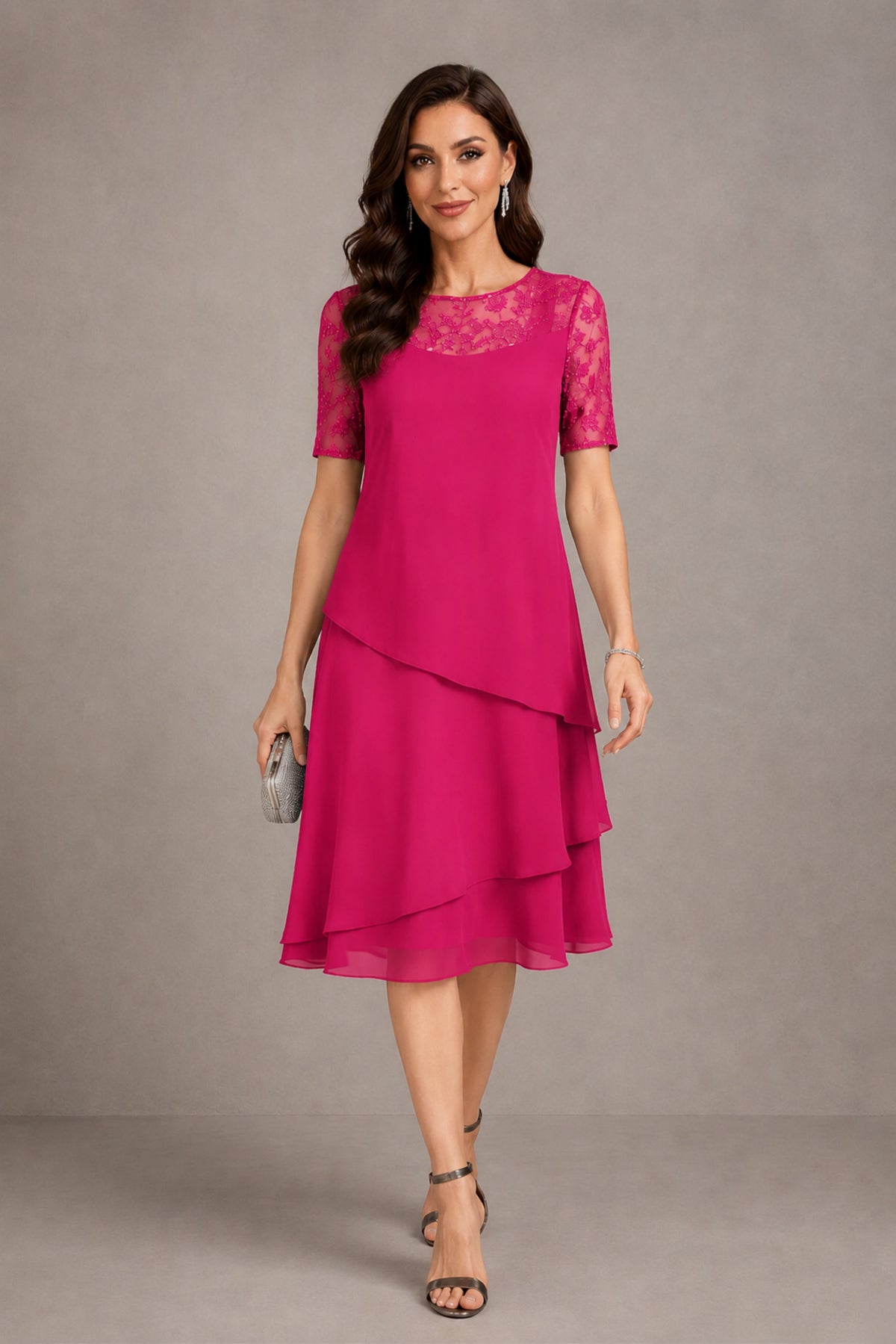 BOLODOO Hot Pink Illusion Lace Short Sleeve Tiered Chiffon Tea Length Dress | Mother of the Bride Midi Dress - Hot Pink