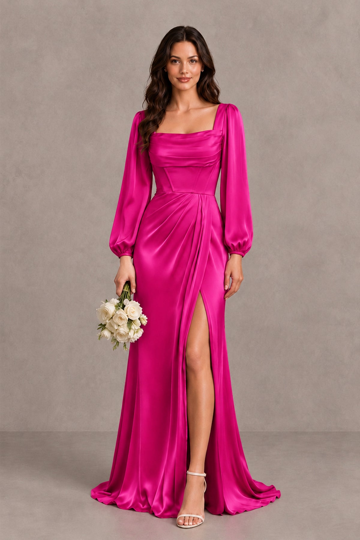 BOLODOO Hot Pink Satin-Look Long Sleeve Evening Dress with High Slit - Hot Pink - Hot Pink_1